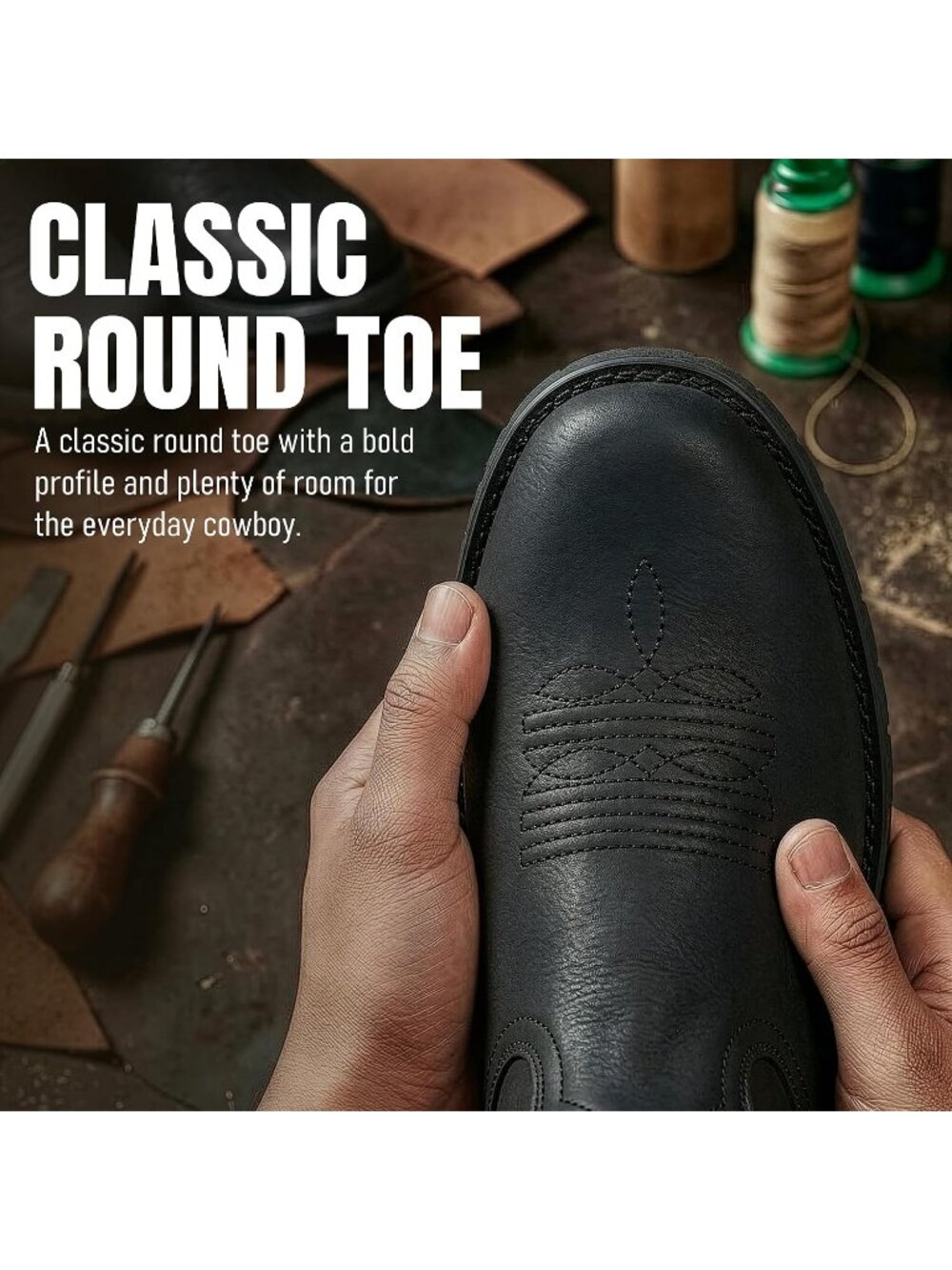 Men’s Black Round Toe Cowboy Boots Western Boots - Picture 4 of 6